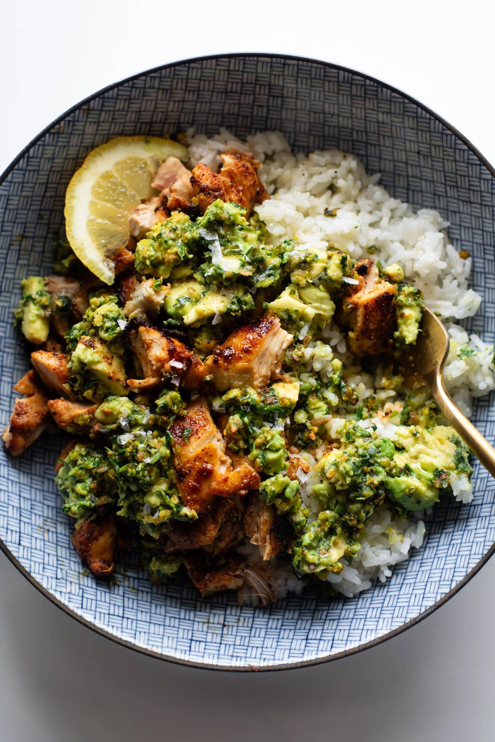 Chipotle Chicken served with chunky pistachio sauce on a plate