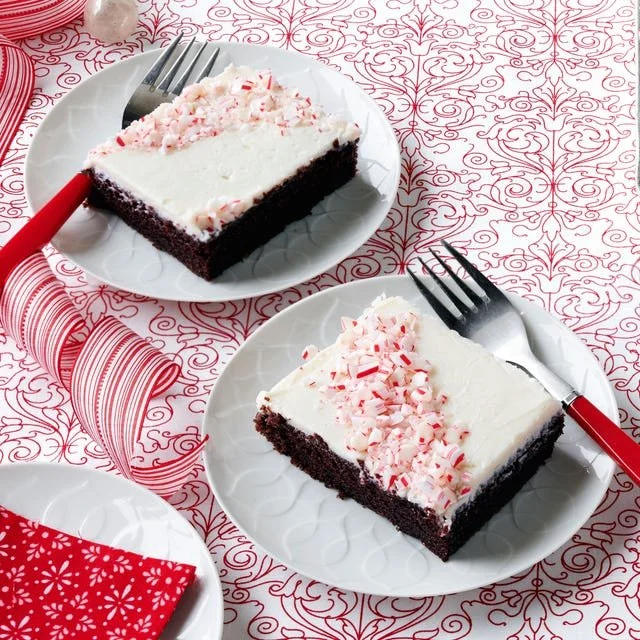 Decadent Chocolate Peppermint Sheet Cake topped with festive decorations.