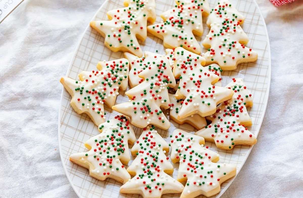 Deliciously decorated Christmas shortbread cookies on a festive plate