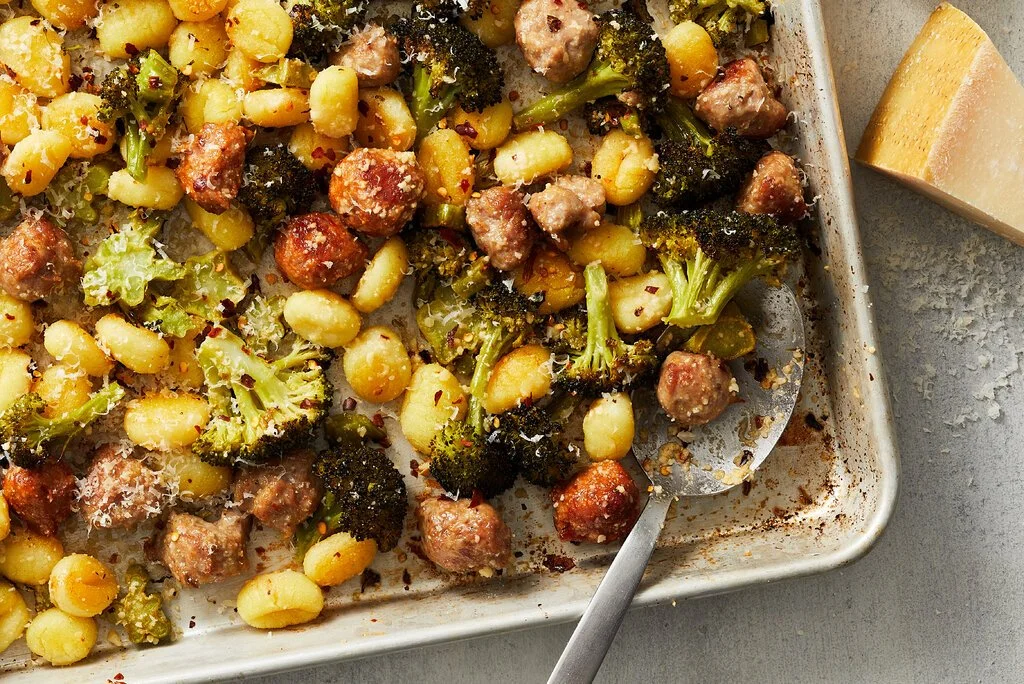Crispy gnocchi with sausage and broccoli in a skillet
