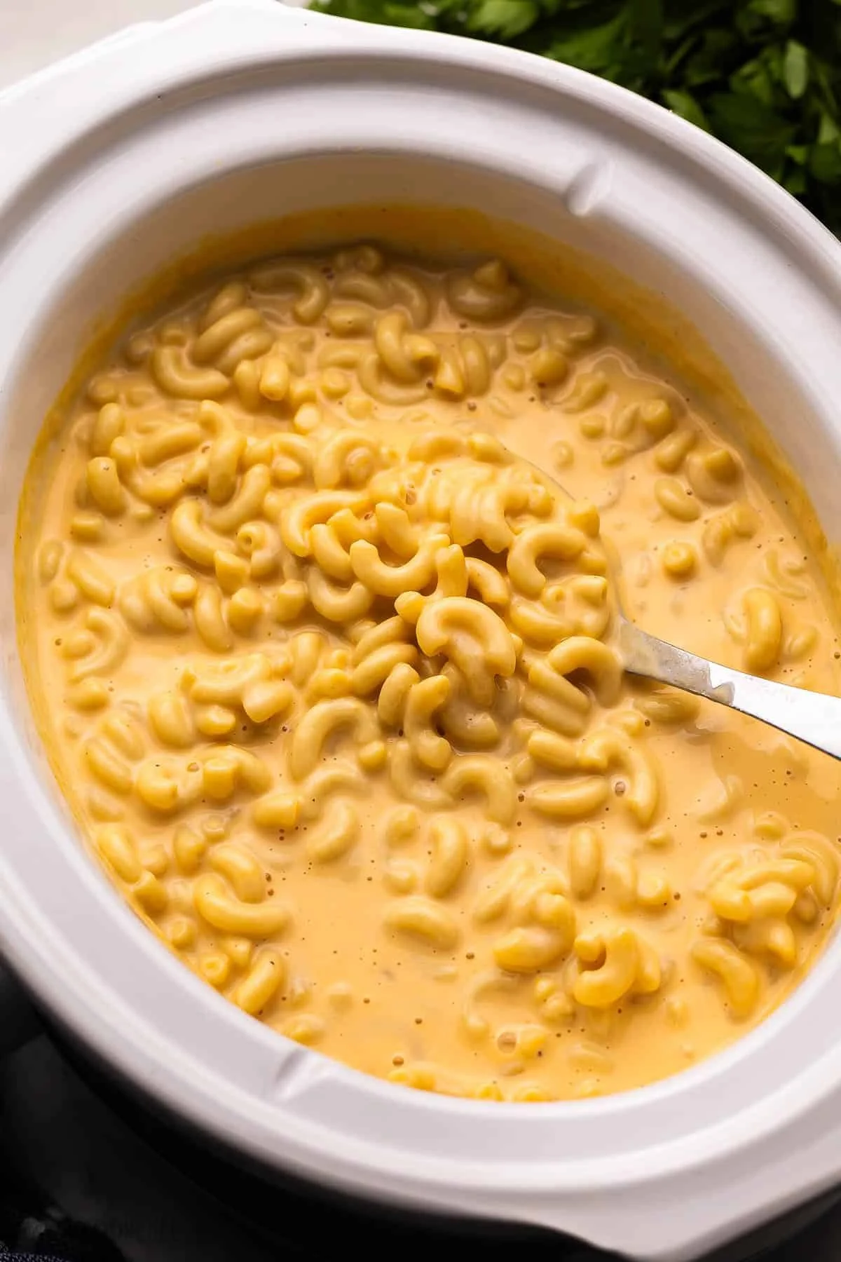 Creamy Crock Pot Mac and Cheese served in a bowl with melted cheese