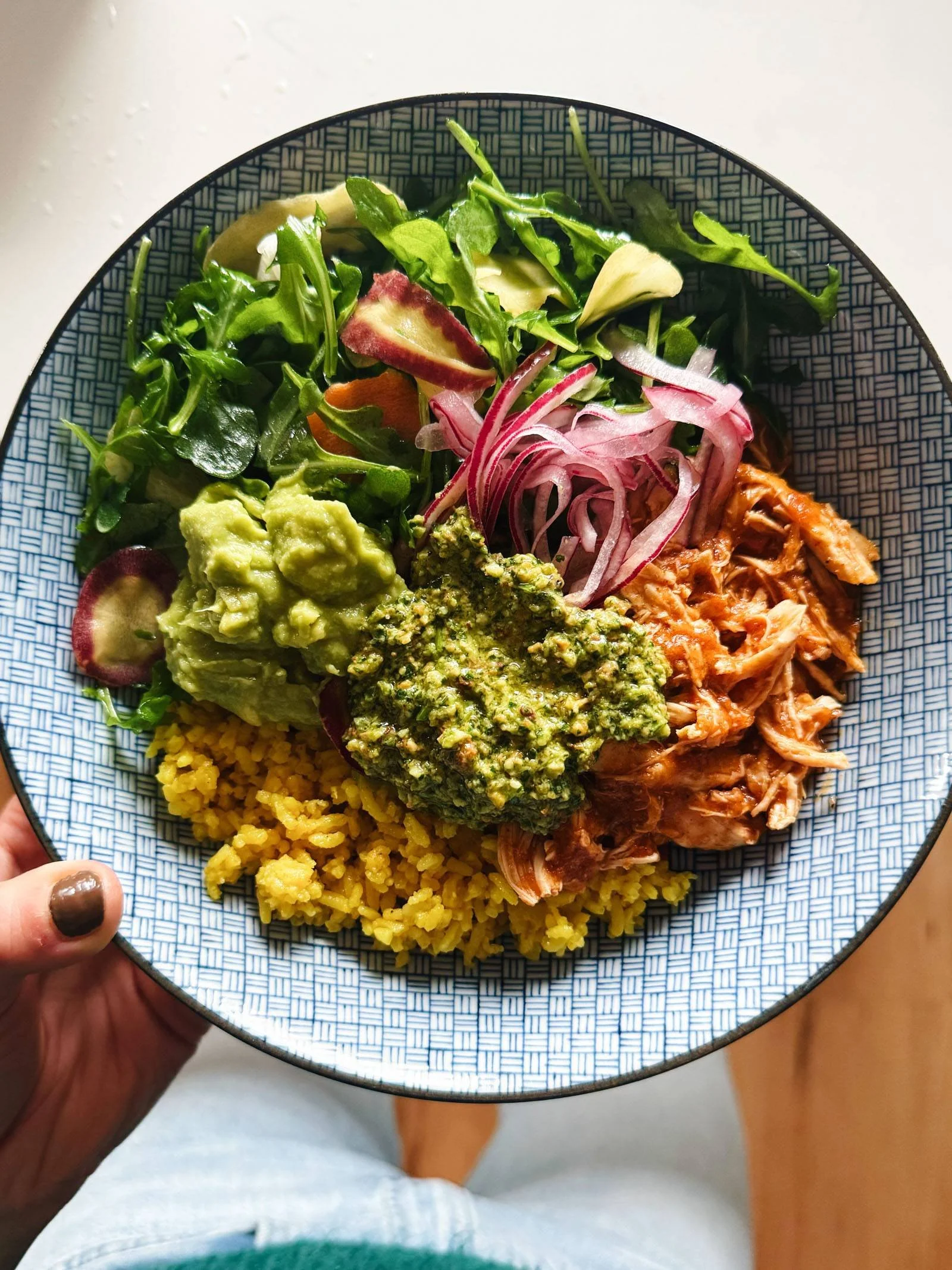 Delicious crockpot chicken bowl with veggies and rice served in a bowl