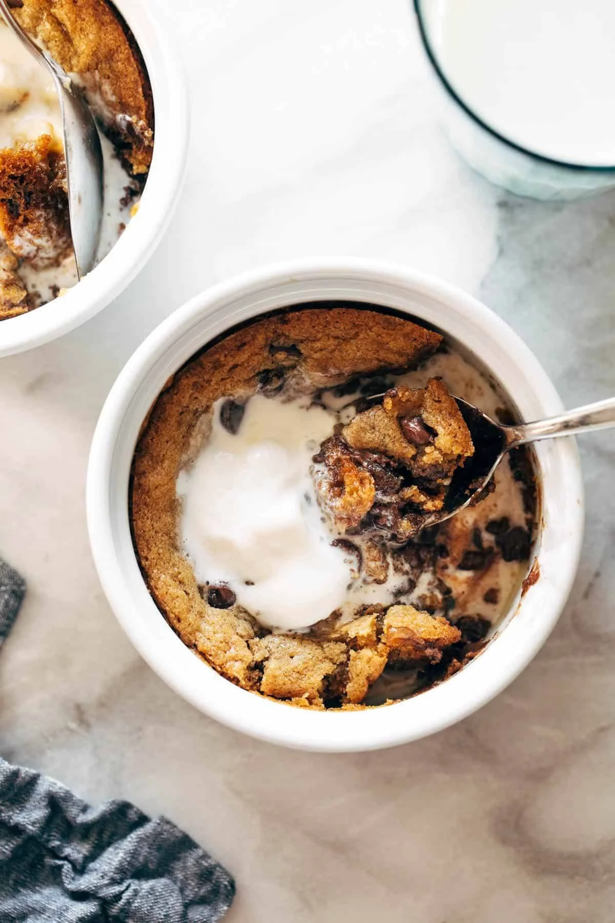 Deep dish cookie bowls filled with chocolate chips and ice cream