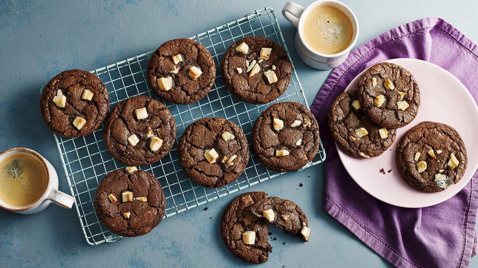 Delicious double chocolate cookies stacked on a plate