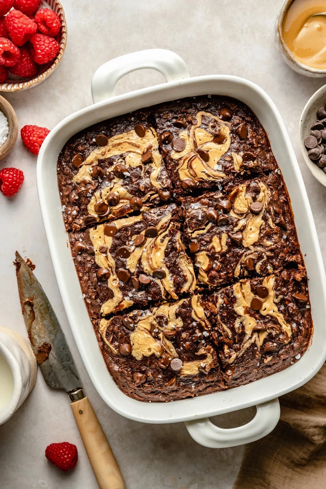 Double Chocolate Peanut Butter Banana Baked Oatmeal served in a bowl