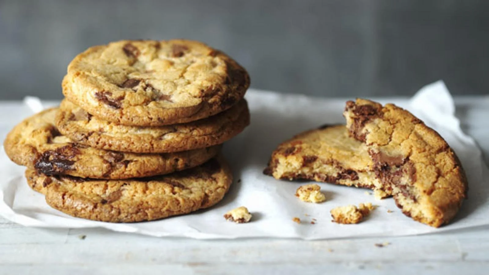 Freshly baked easy chocolate chip cookies on a cooling rack