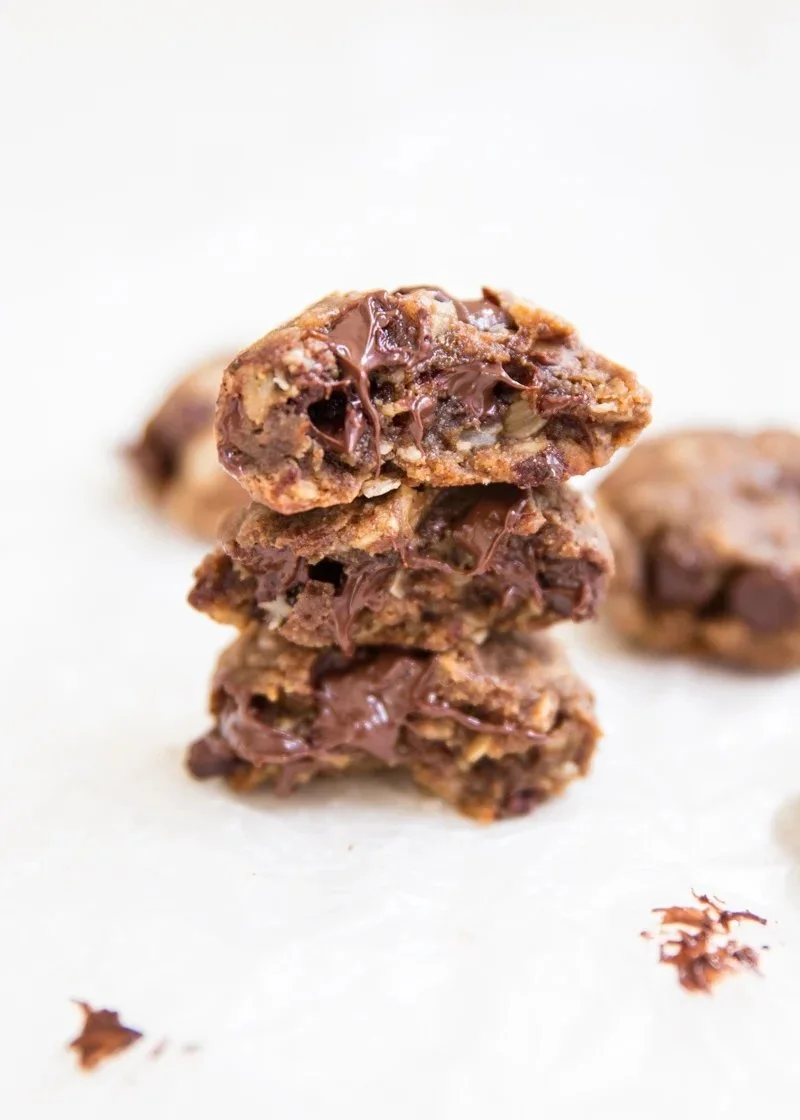 Flourless almond butter chocolate chip cookies on a cooling rack