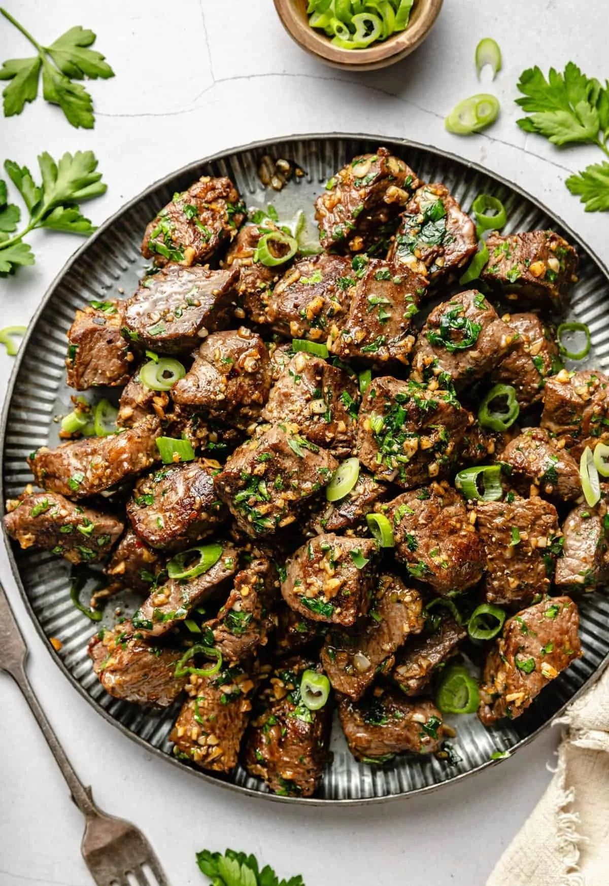 Delicious garlic butter steak bites served on a plate