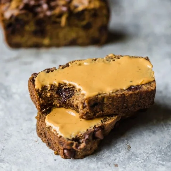 Grain free chocolate chip peanut butter zucchini bread fresh from the oven
