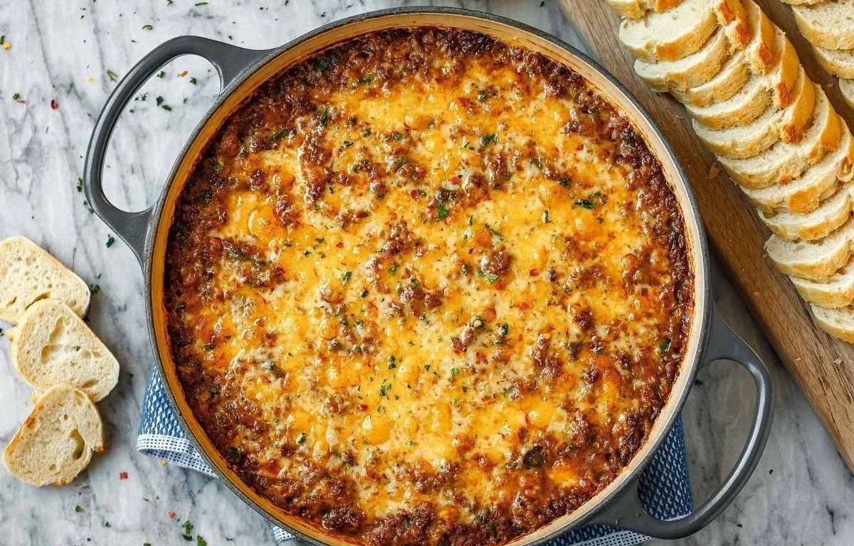 Delicious ground beef dip served in a bowl with chips on the side.
