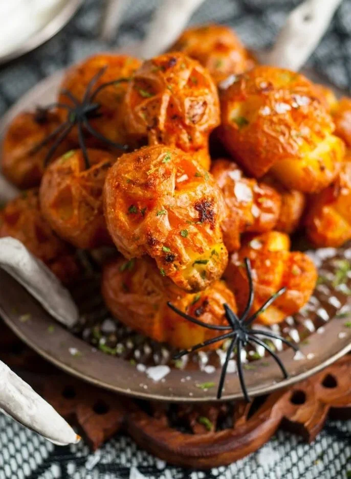 Halloween Skull Roasted Red Potatoes served on a spooky platter