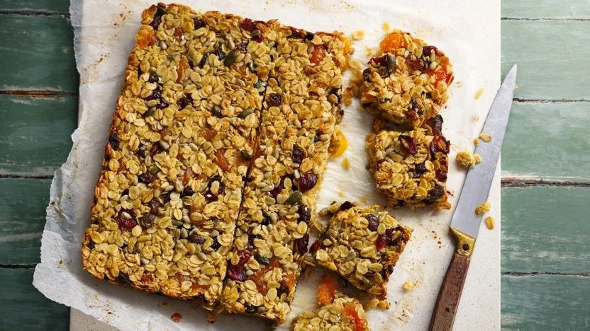 Delicious and healthy homemade flapjacks made with oats and nuts.