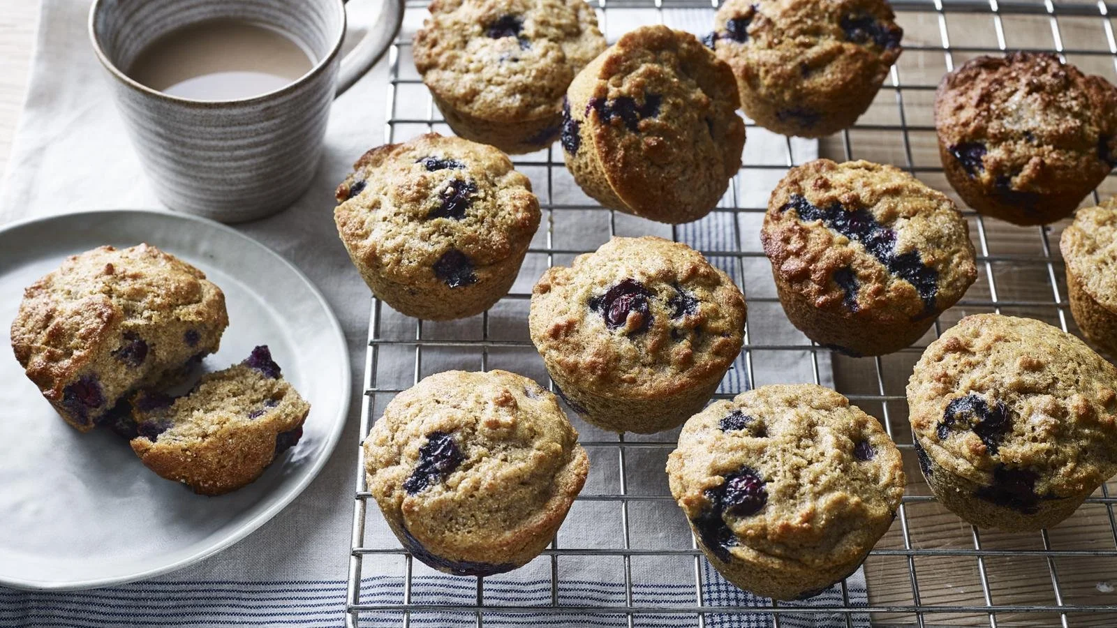 Freshly baked healthy blueberry muffins with juicy blueberries