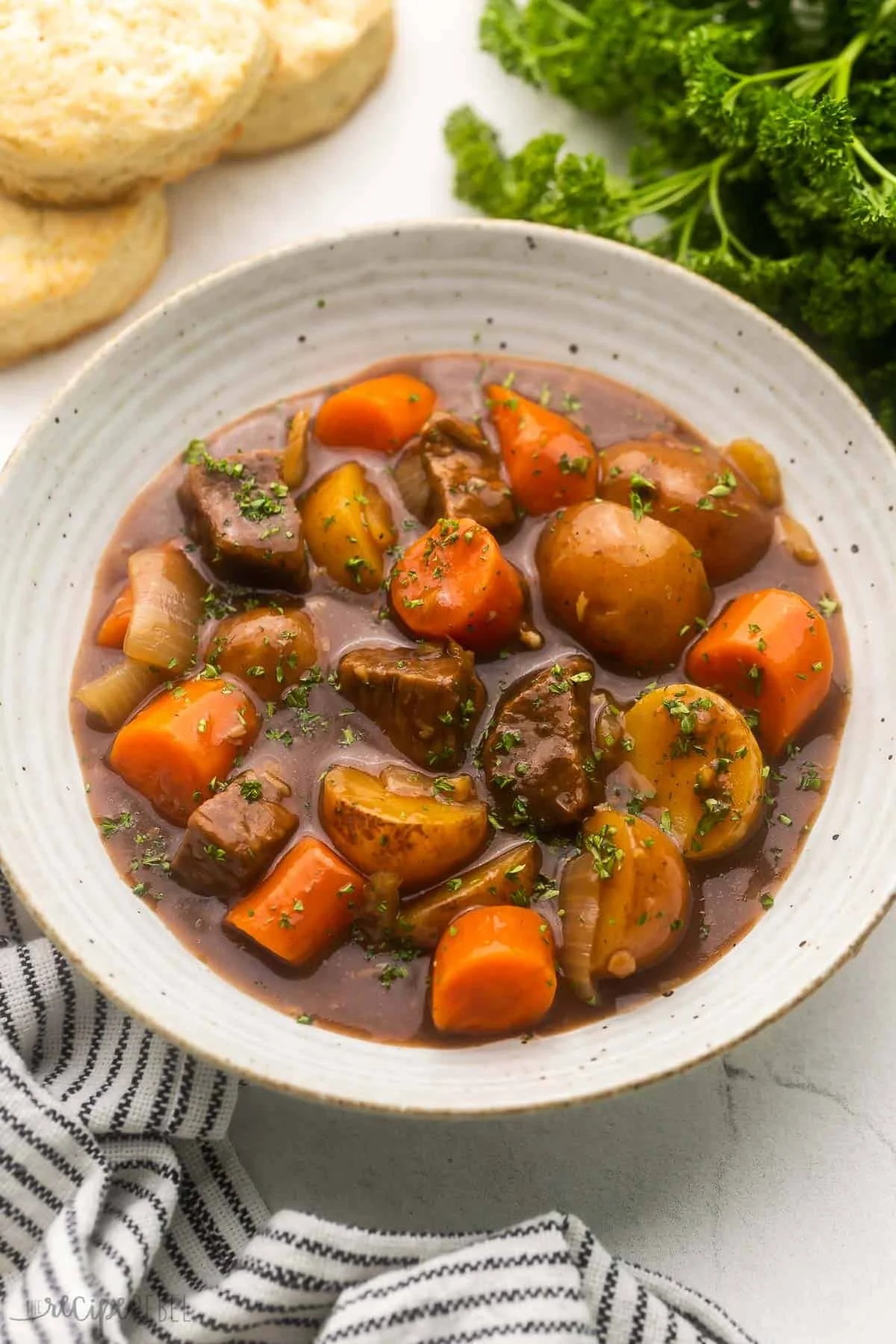 Delicious honey balsamic slow cooker beef stew served in a bowl