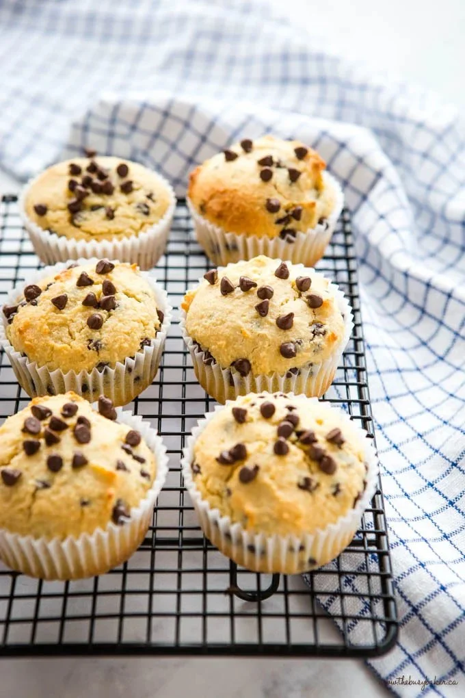 Delicious keto muffins with chocolate chips on a wooden table