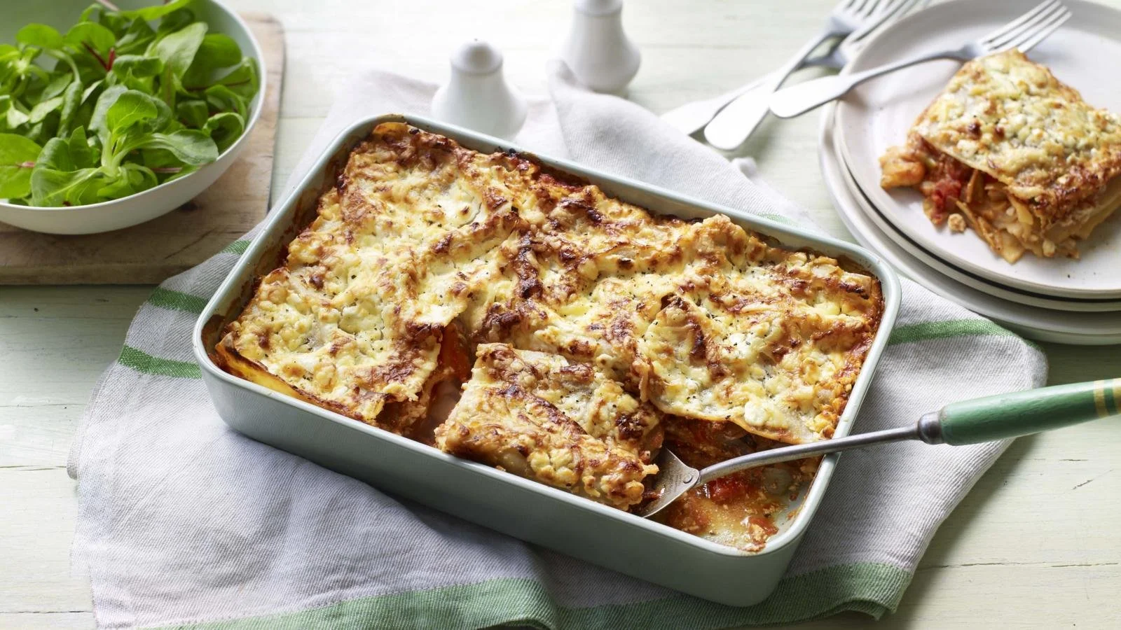 Lighter vegetable lasagne dish filled with fresh vegetables and creamy sauce