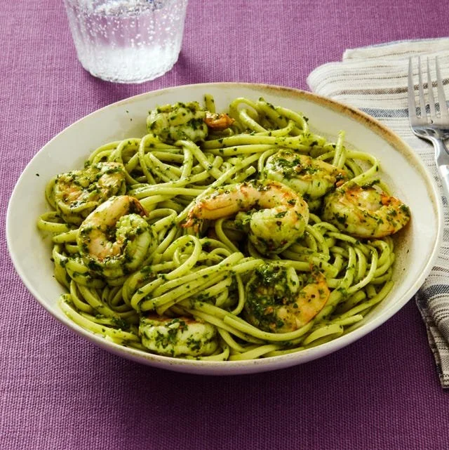 Plate of Shrimp Linguine topped with Pistachio Pesto