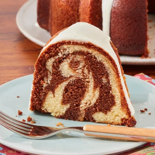 Delicious homemade marble cake with chocolate and vanilla swirls