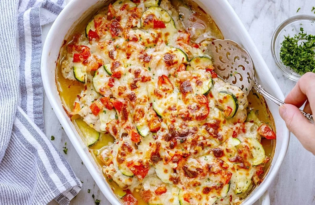 Mediterranean Chicken Zucchini Bake with fresh herbs and vegetables