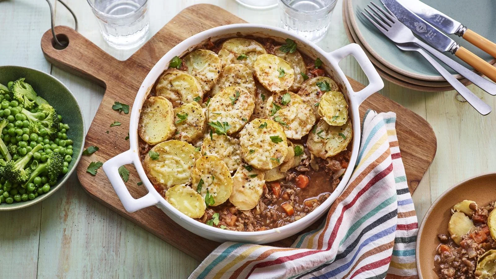 Microwave beef mince and lentil hotpot dish prepared in a bowl