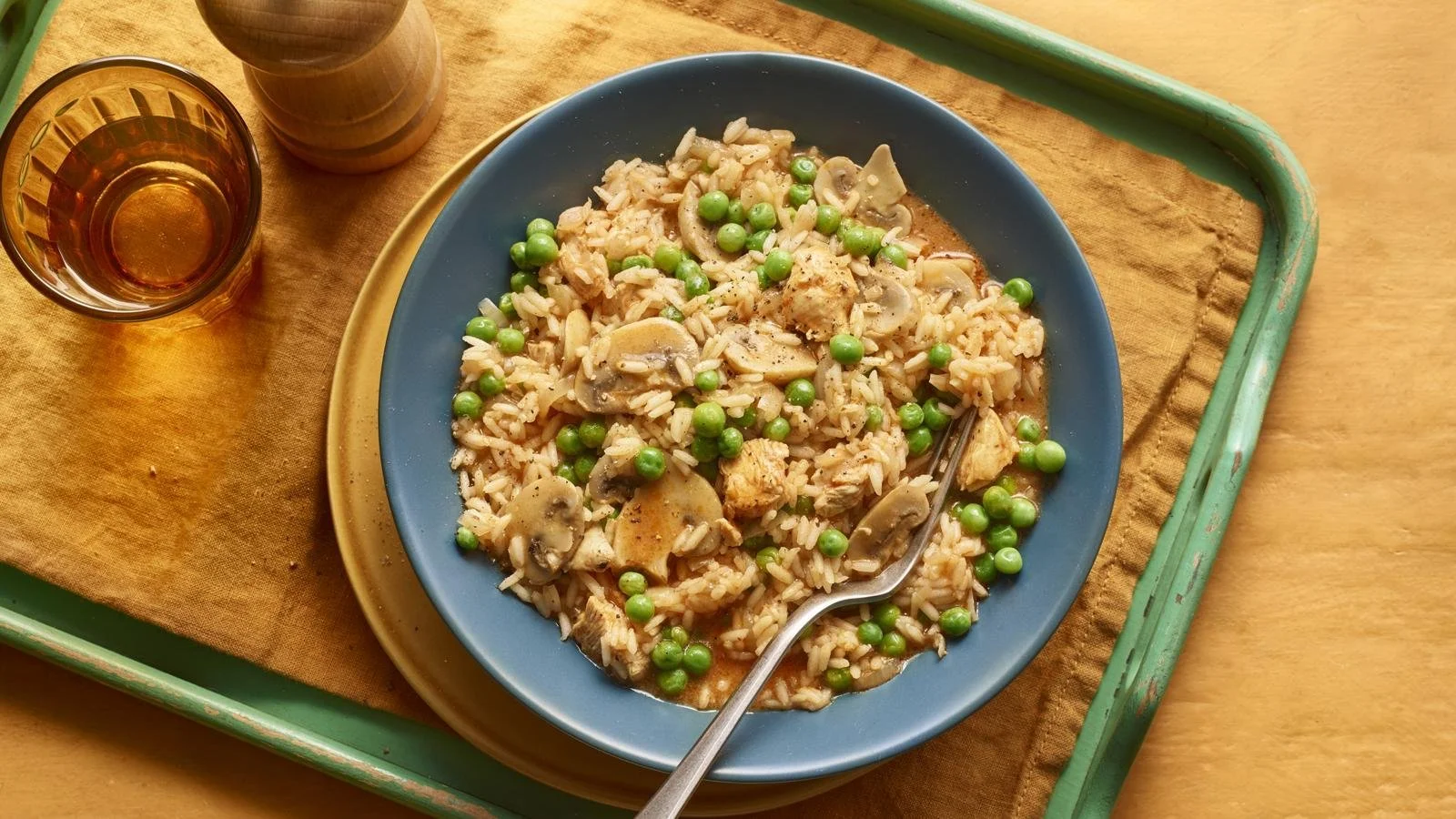 Microwave Chicken served with savory rice in a bowl