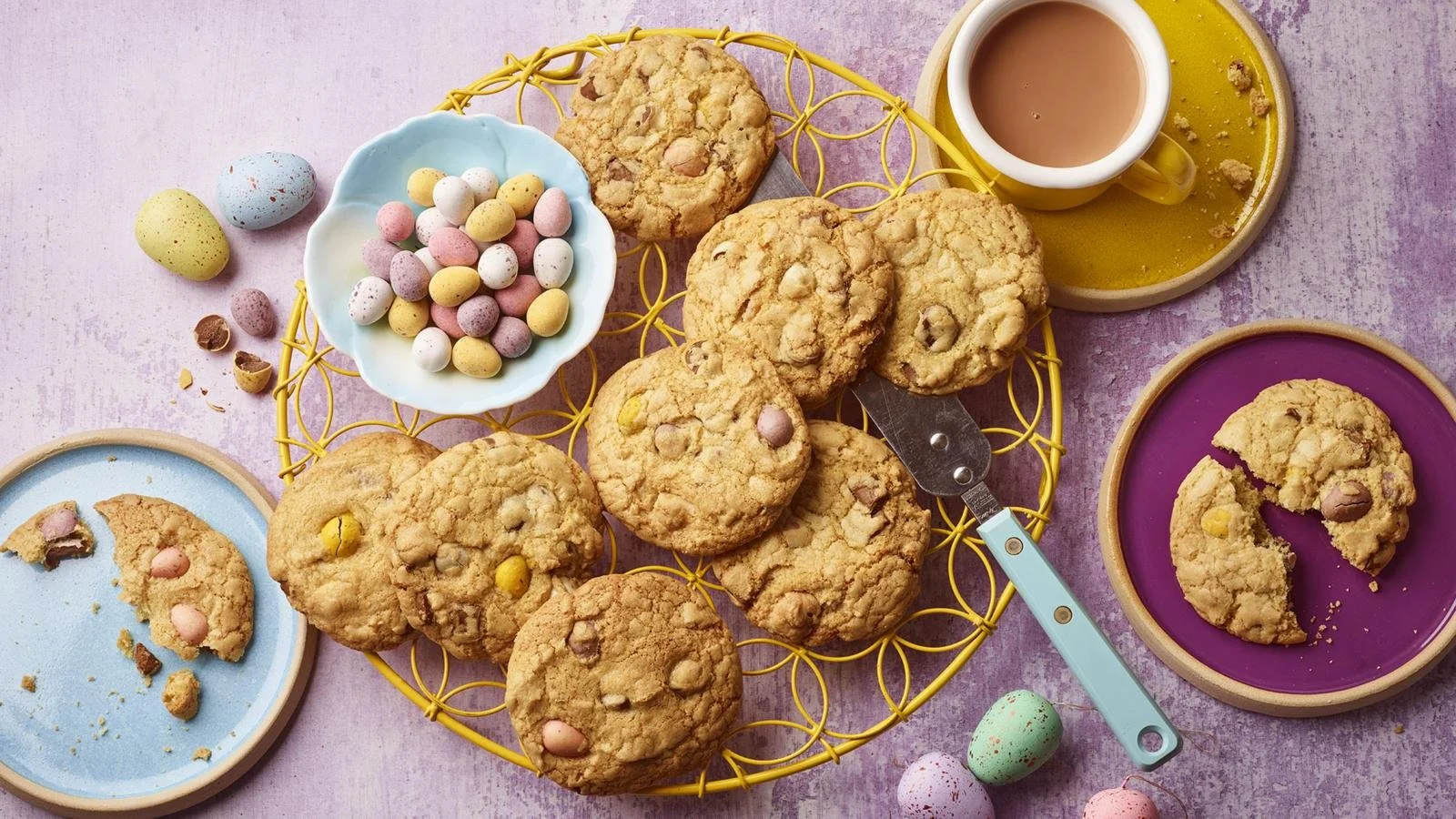 Freshly baked mini egg cookies with colorful chocolate mini eggs