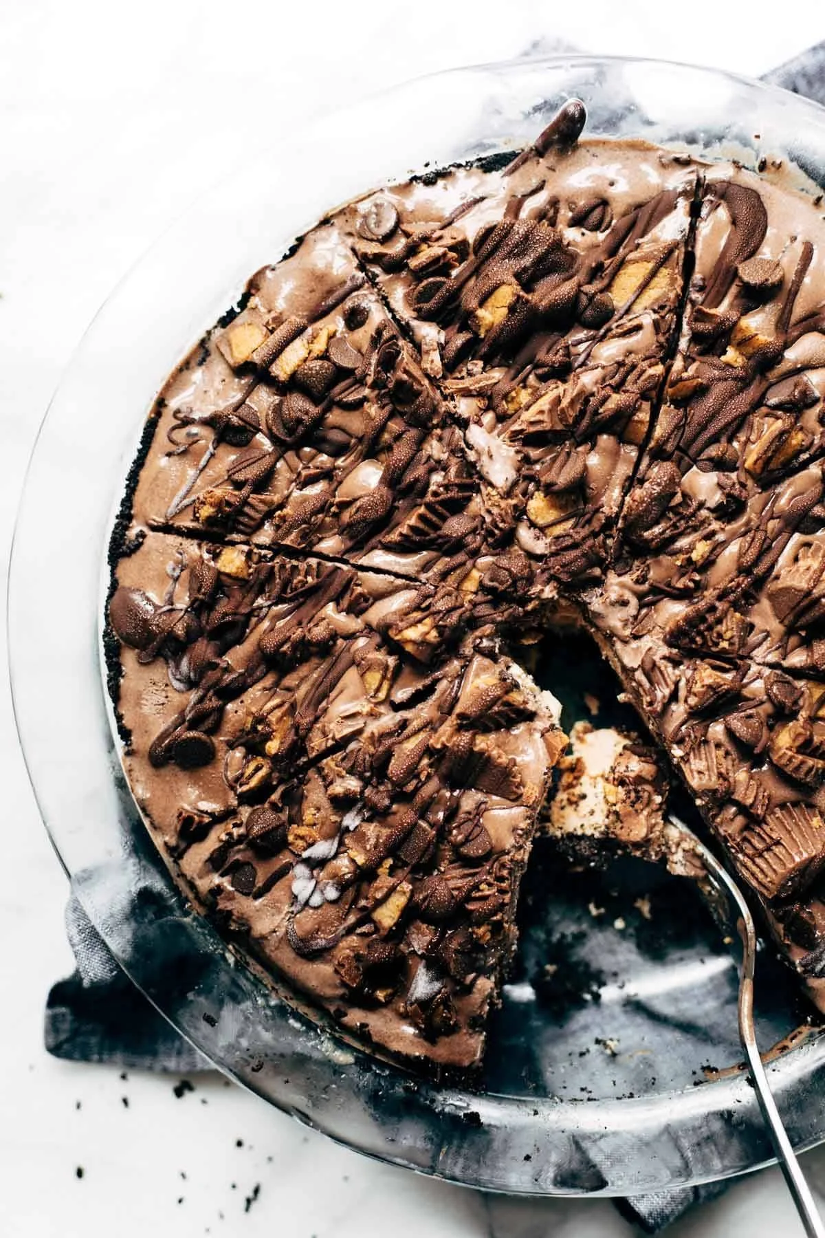 Delicious Mocha Peanut Butter Pie topped with chocolate and peanut butter swirl
