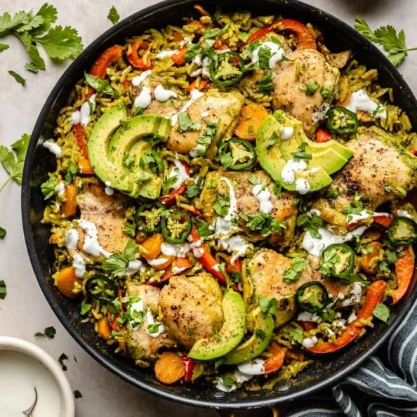 One pan green chicken and rice dish with vibrant green ingredients