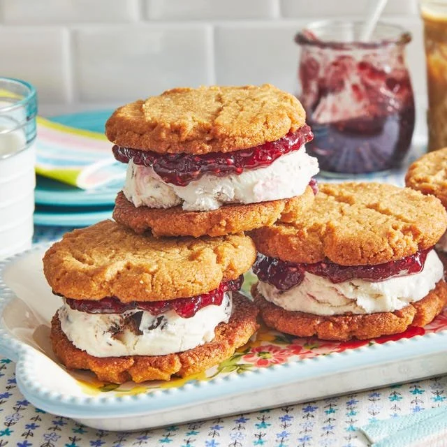 Delicious PB and J ice cream sandwich with peanut butter and jelly flavor