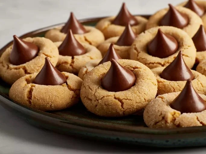 Delicious Peanut Butter Blossoms cookies topped with chocolate kisses on a plate.