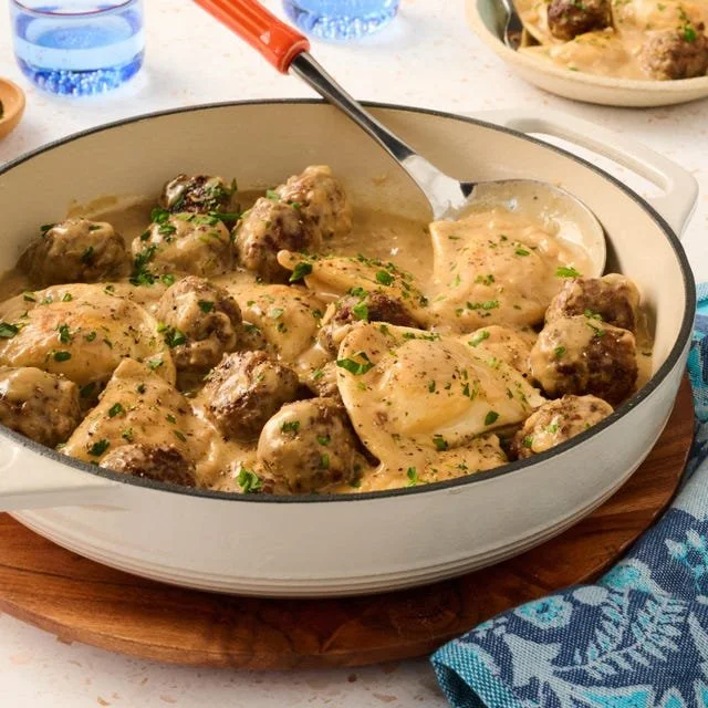 Delicious Pierogi and Meatball Skillet served in a vibrant dish