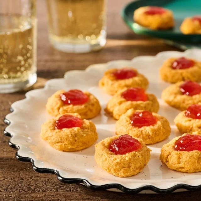 Pimento cheese thumbprint crackers on a wooden platter