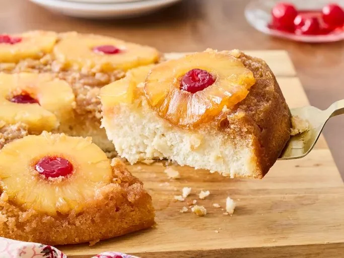 Deliciously baked Pineapple Upside-Down Cake with caramelized pineapple topping.