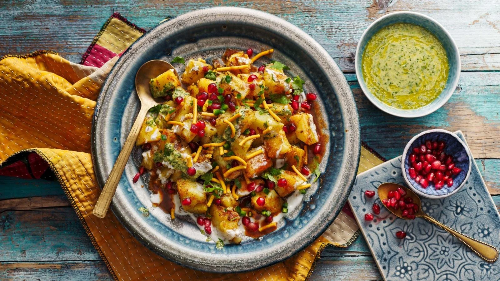 Delicious Potato Chaat served with spices and chutney in a bowl