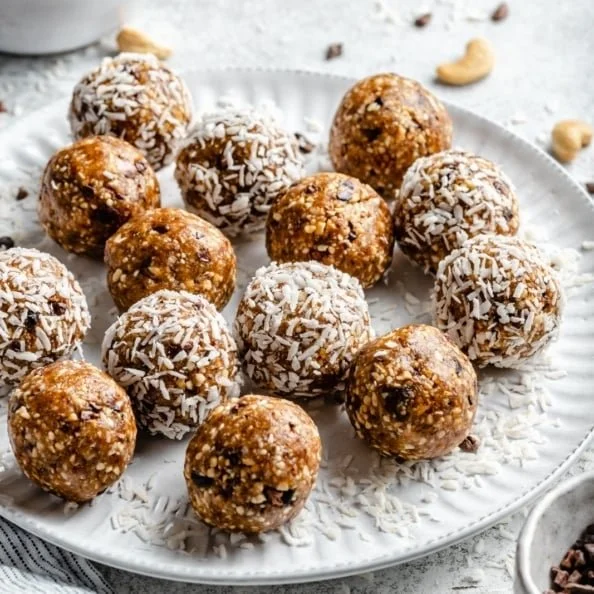 Delicious Salted Caramel Coconut Cashew Energy Bites ready to boost your energy levels.