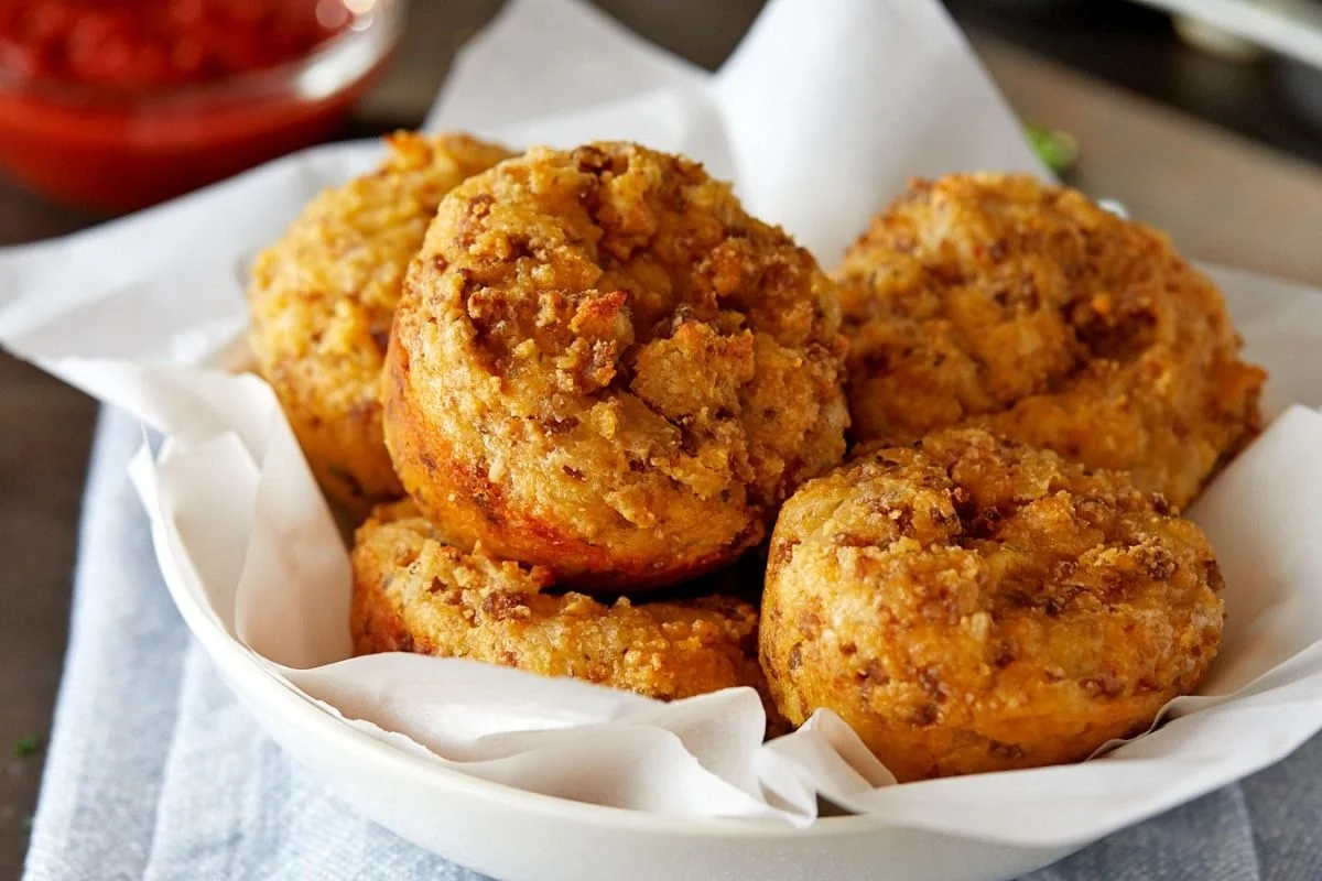 Homemade Sausage Egg and Cheese Muffins on a plate, perfect for breakfast.