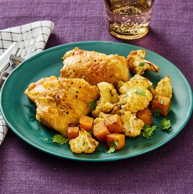 Sheet Pan Chicken with roasted butternut squash and cauliflower for a healthy meal
