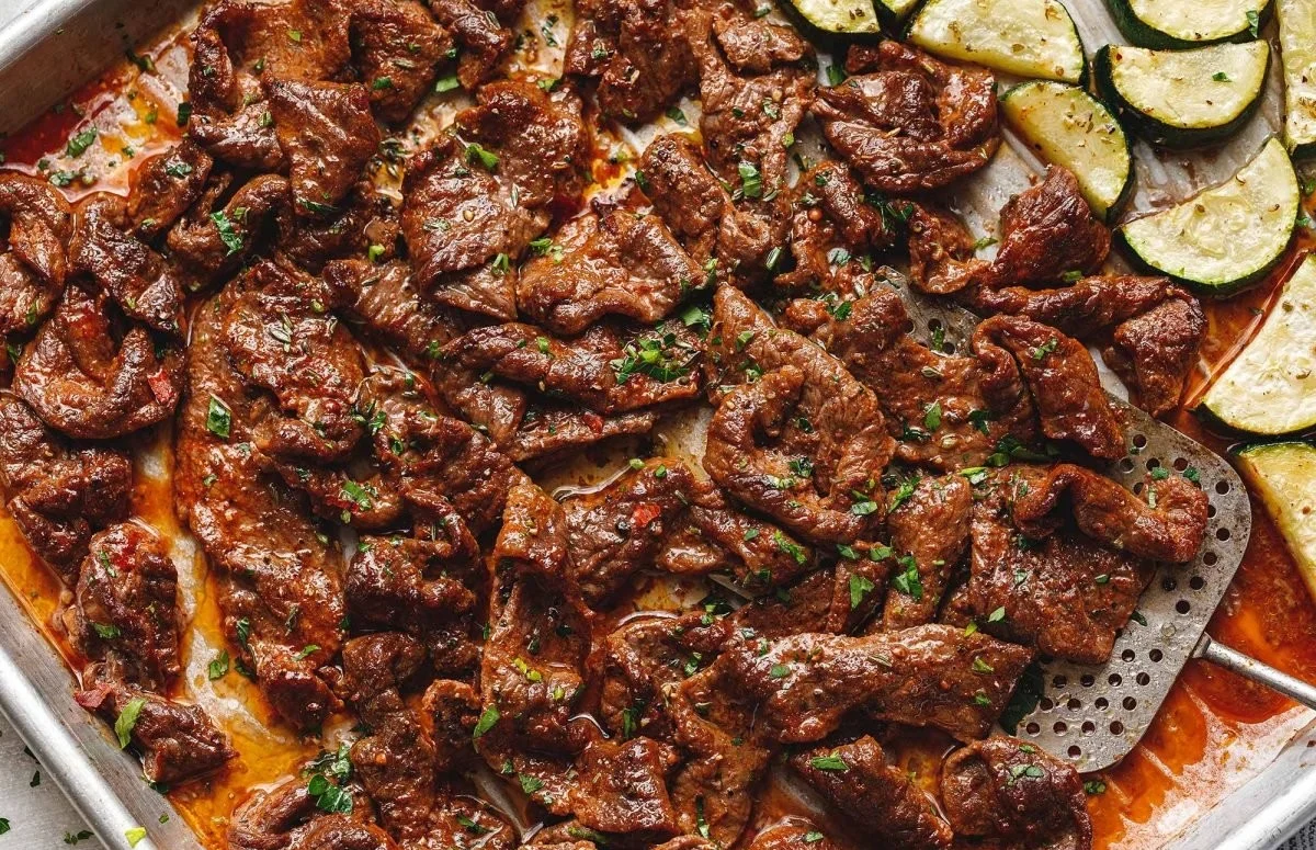 Delicious Sheet Pan Steak with Lemon Zucchini ready to serve