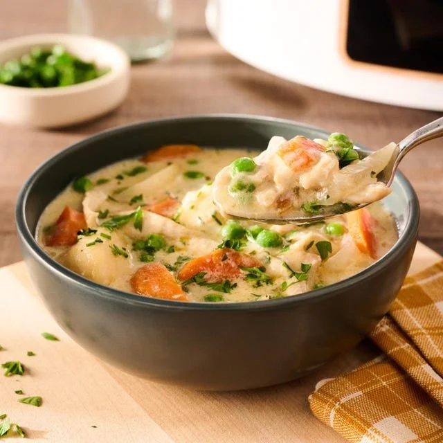 Bowl of slow cooker chicken and dumplings ready to serve.