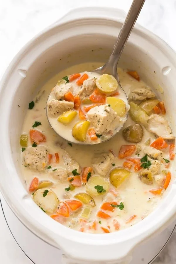 Delicious slow cooker garlic parmesan chicken stew ready to serve.