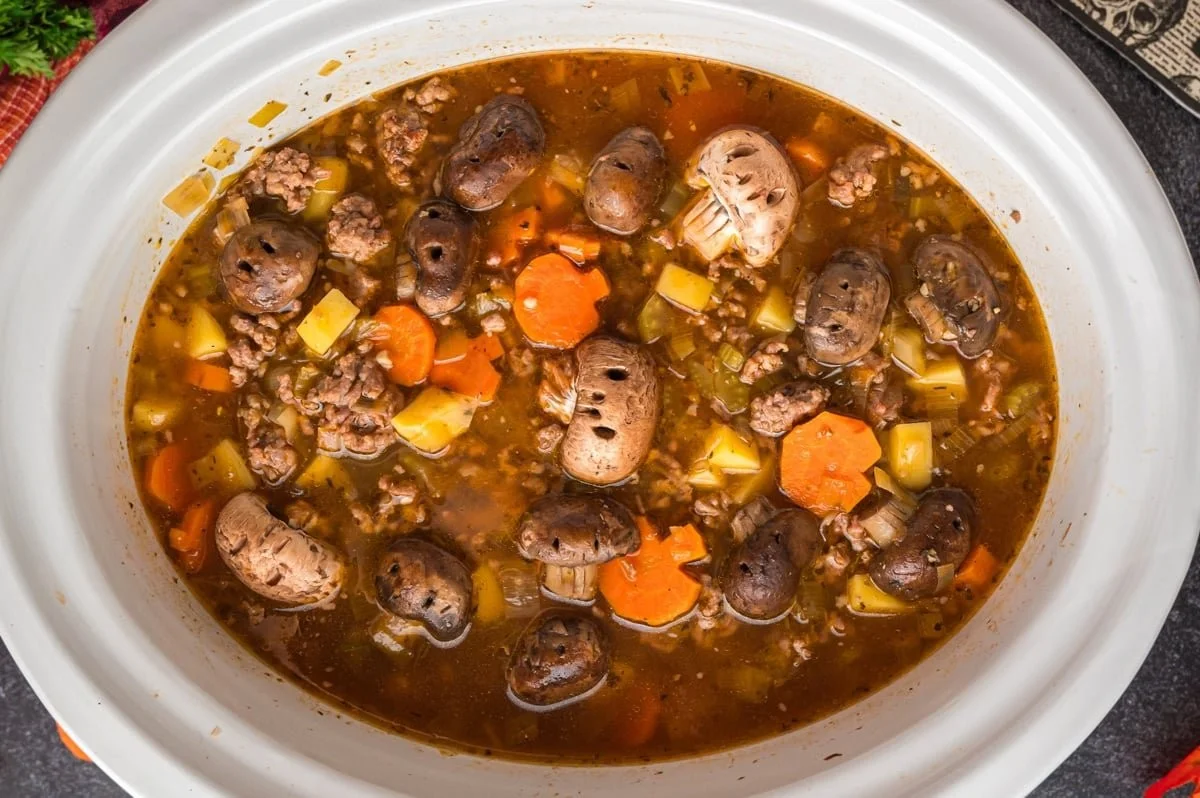 Delicious Slow Cooker Witches Brew Stew served in a rustic bowl