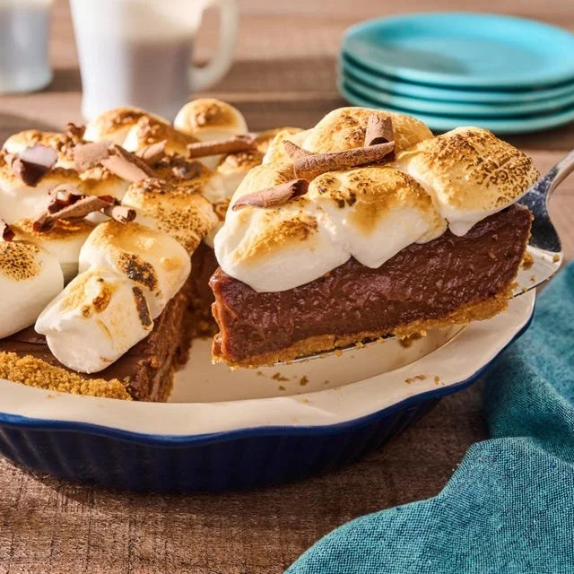 Decadent S'mores Pie with chocolate, marshmallows, and graham cracker crust