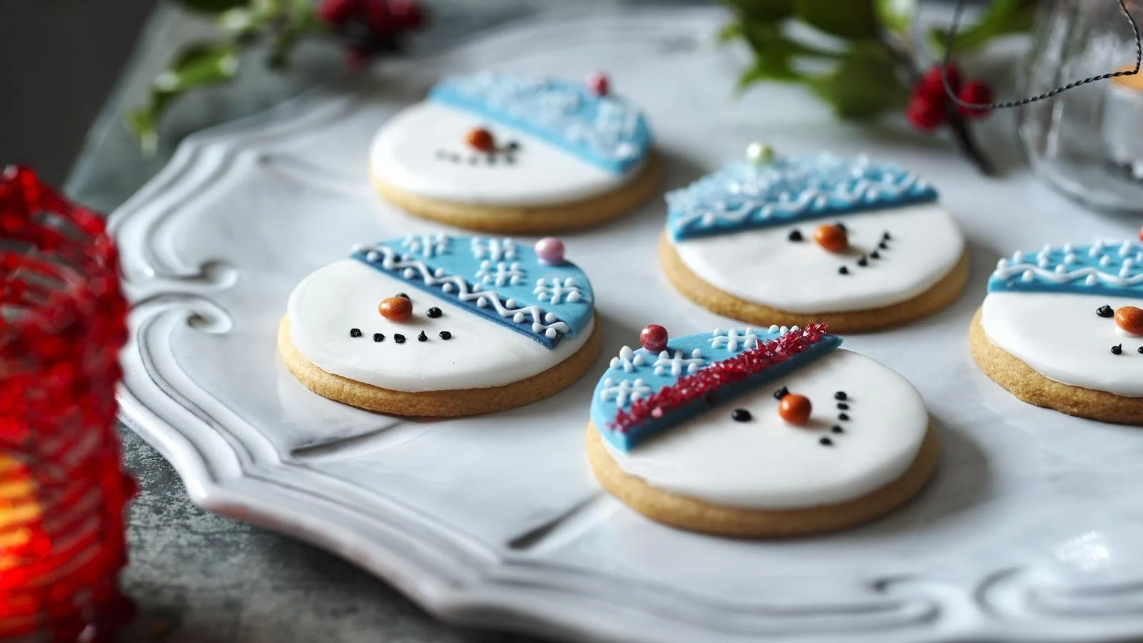 Snowman Christmas biscuits decorated for the holiday season