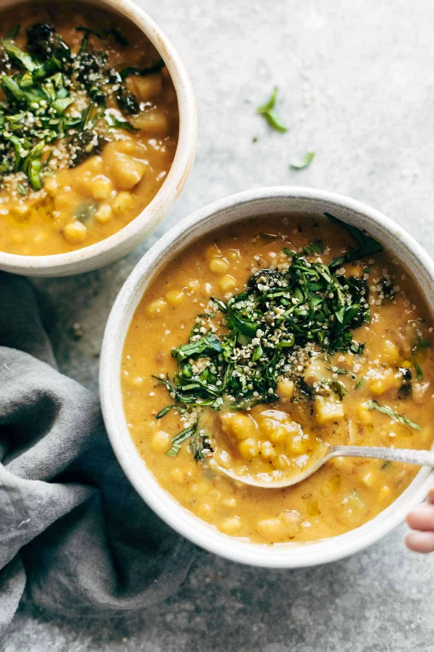 Bowl of spicy chipotle corn chowder topped with fresh cilantro