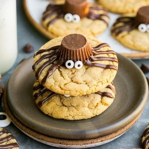 Delicious homemade spider cookies decorated with chocolate and candy