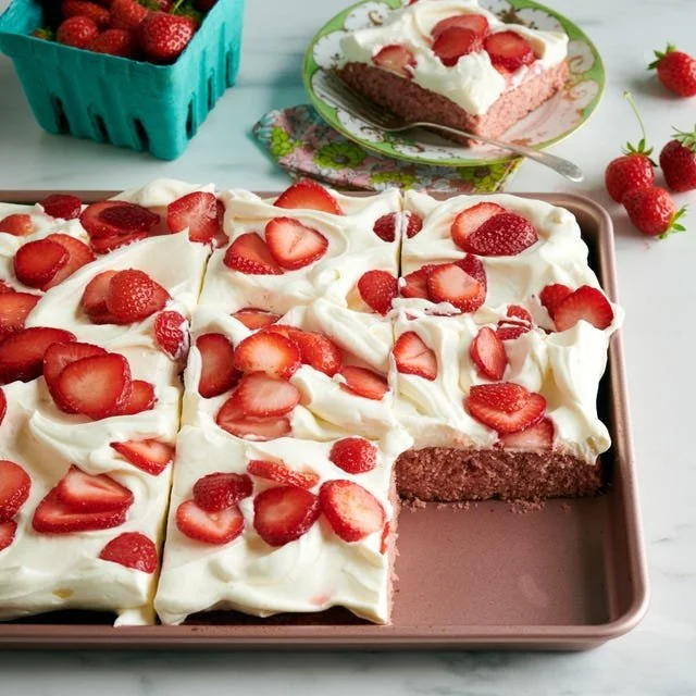 Strawberry and cream sheet cake decorated with fresh strawberries