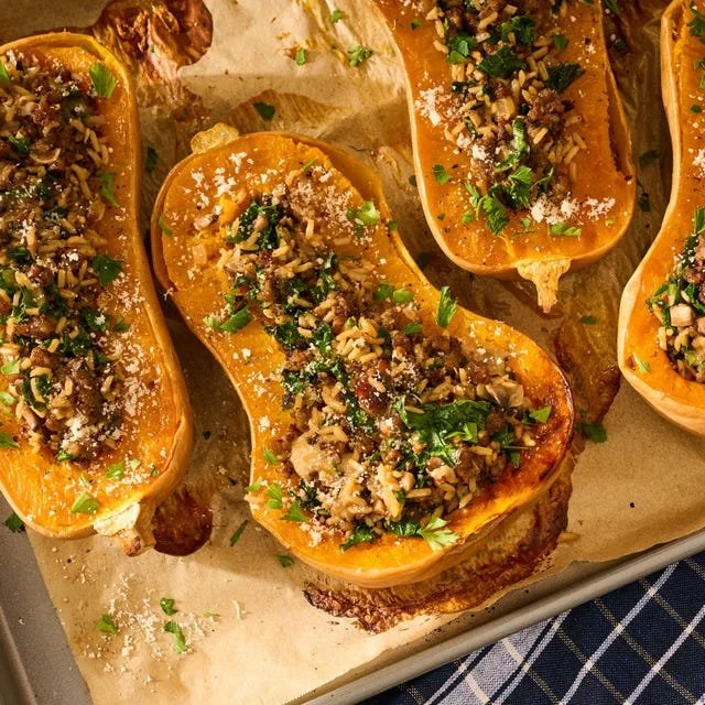 Stuffed butternut squash filled with savory ingredients and herbs