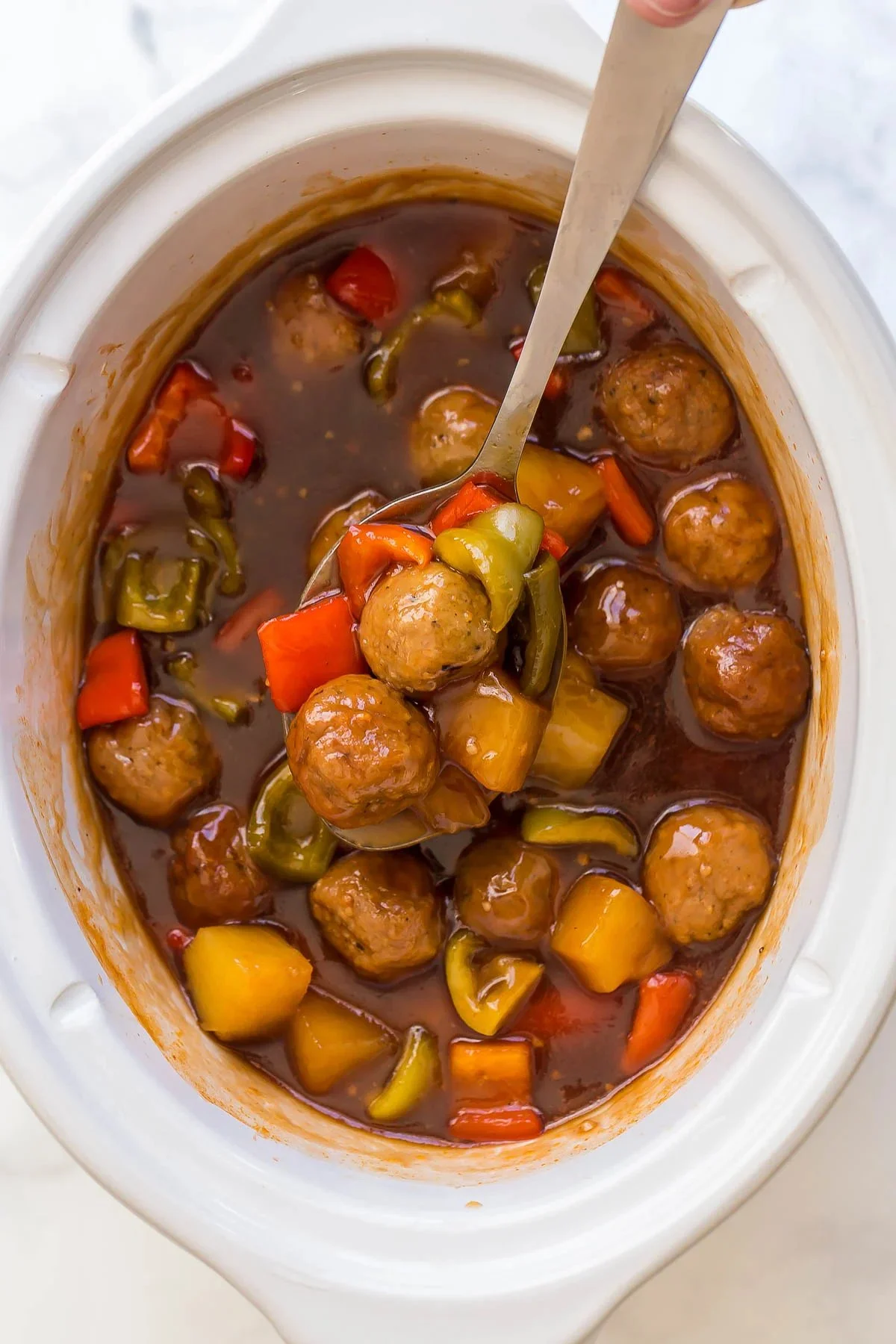 Sweet and Sour Crockpot Meatballs ready to be served