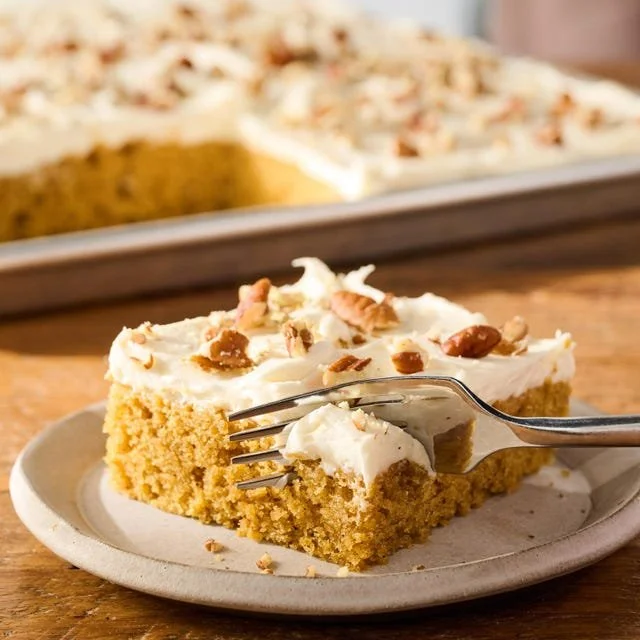 Deliciously moist sweet potato cake topped with cream cheese frosting