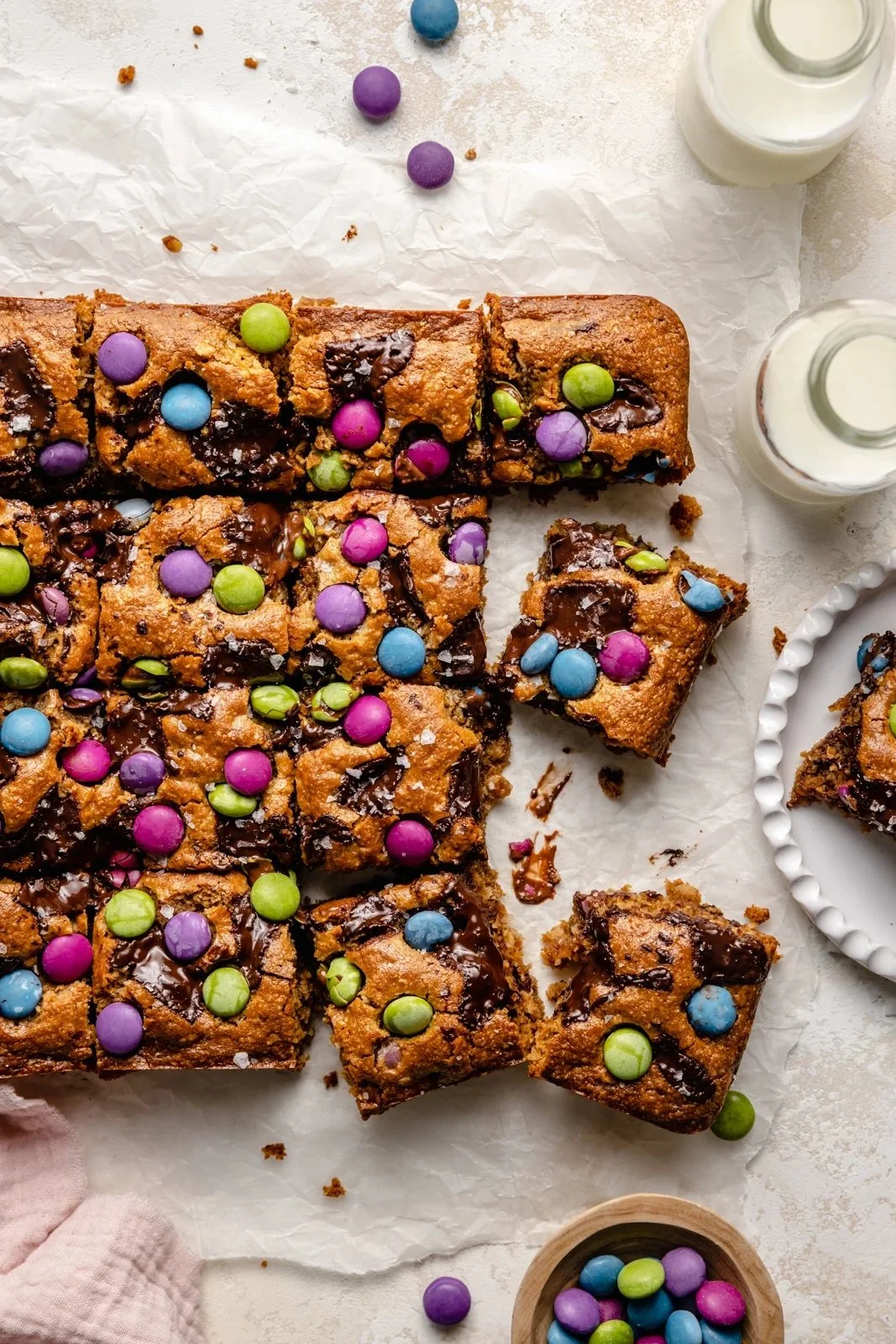 Delicious tahini monster cookie bars with chocolate chips and nuts